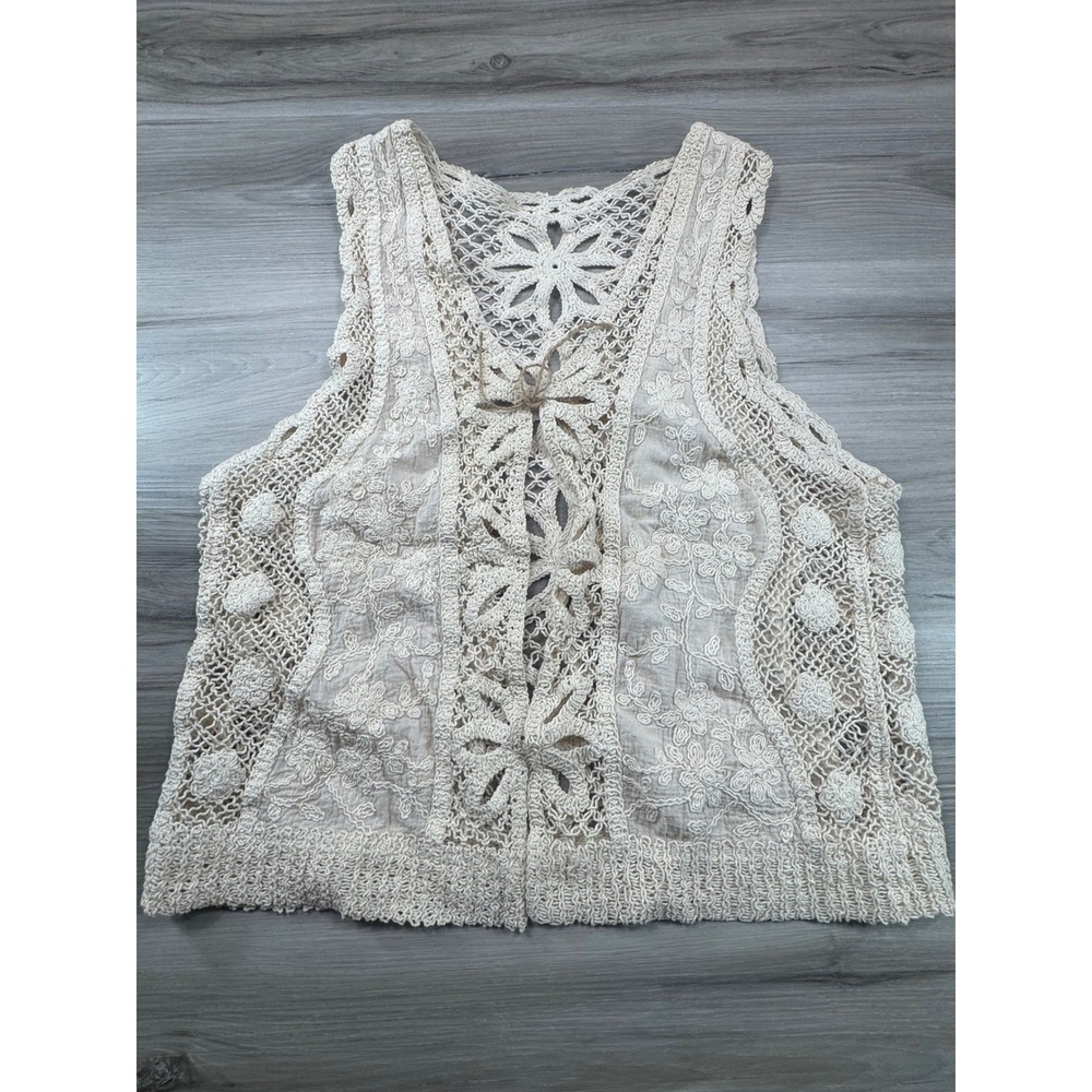 Cream Crochet Lace Vest Boho Festival Open Front Embellished Detail Women's